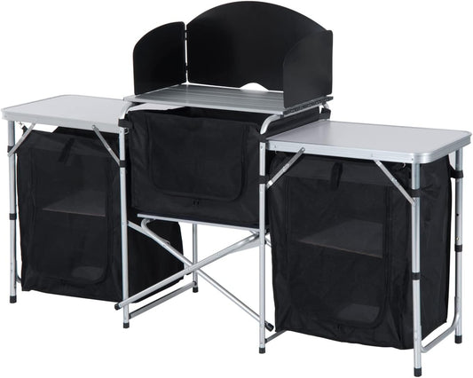Outsunny Camping Kitchen Table, Aluminum Portable Outdoor Cooking Table, Fold-Up Cook Station with Windscreen and 3 Enclosed Cupboards for BBQ, Party, Picnics, Backyards