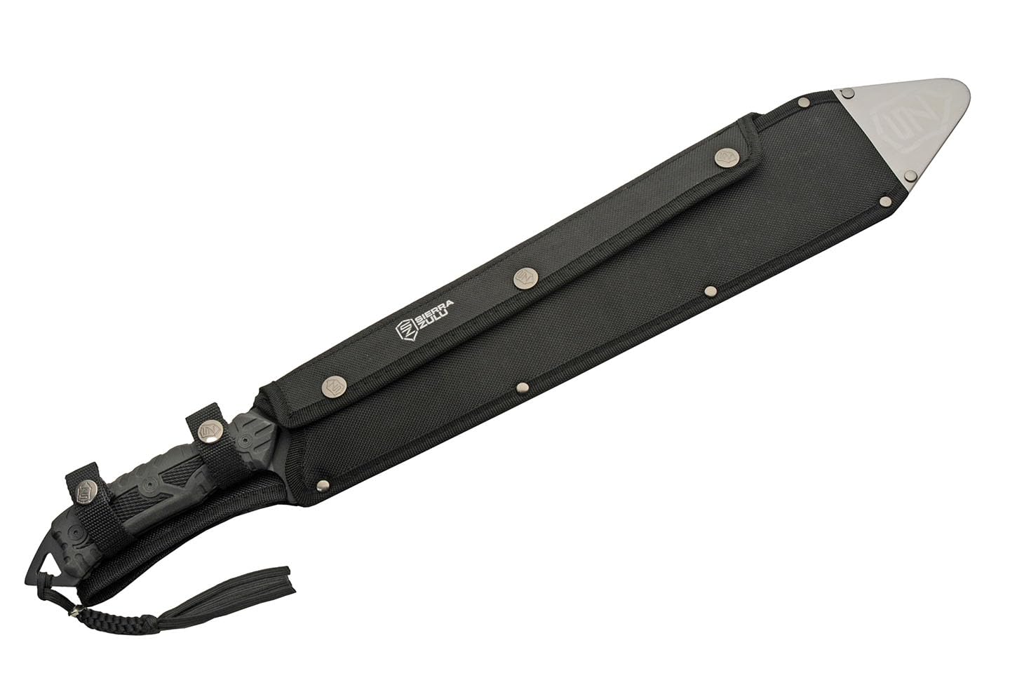Sierra Zulu Trident Machete - Stainless Steel, 24.0 inches Overall, Modified Tanto Blade with Saw Tooth Back Edge - Tactical Nylon Sheath with Reversible Wear Strap