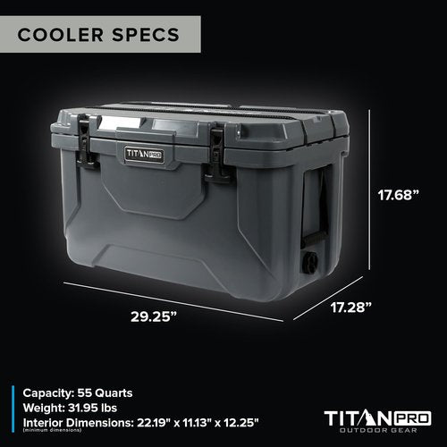 Titan PRO High Performance Ice Chest - 55 Quart Capacity - Hard Cooler with Interior LED Light, Dry Bin, Ice Saver Performance Booster and Microban Protection - Granite Gray