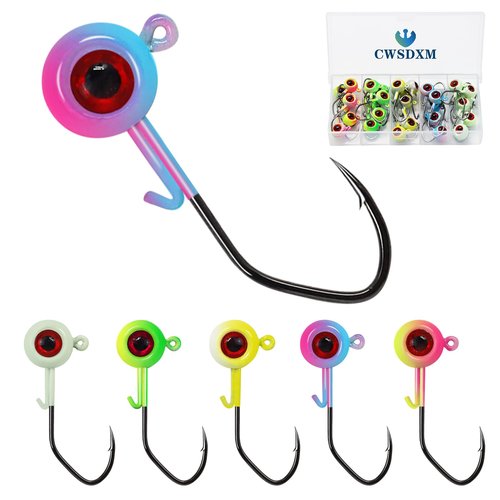 CWSDXM Painted Crappie Jig Heads 3D Eyes Fishing Hooks with Wire Keeper Lures for Crappie Panfish Bass Fishing Jig Hooks Assortment 1/16 oz 1/8 oz 3/16oz 3/8 oz 1/4 oz (1/8 oz 3.5g-30pcs)