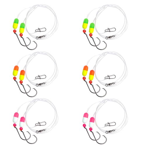 Eupheng Saltwater Pre Rigged Pompano Rigs for Surf Fishing High Low Rigs with Floats Beads Double Circle/Wide Gap Hooks 6/12PCS (6PCS-1/0# Circle Hook-3 Colors (Each Color 2))