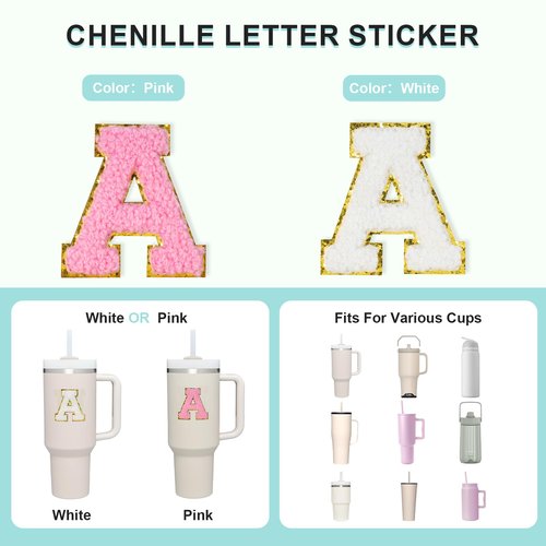 Stanley Cup Accessories Set for 40oz & 30oz Tumblers – Handle Strap, Silicone Straw Covers, Chenille Letter Patches & Letter Charms – Personalize, Protect & Identify Your Stanley Tumbler (Style A)