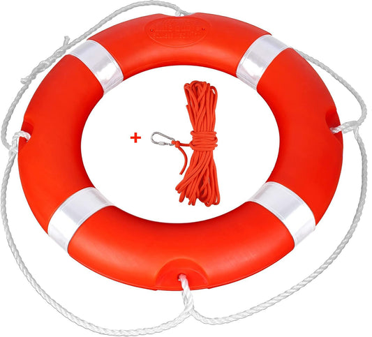 23" Life Ring with Floating Lifesaving Rope 50’ for Boating Safety, Boat Throw Rings with Reflective Strip,Orange Throw Ring with Grab Lines