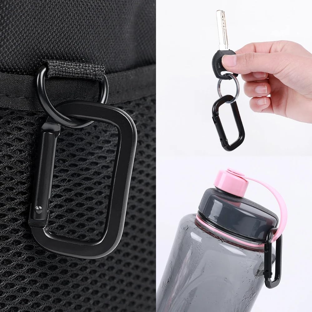DraCra 6 Pack Rectangle Carabiner with Black Key Rings Carabiner Clips D Ring Spring Snap Hook Keychain Clip Carabeaner Caribeaner Clips for Keys Hiking Backpack Tactical Straps Bag