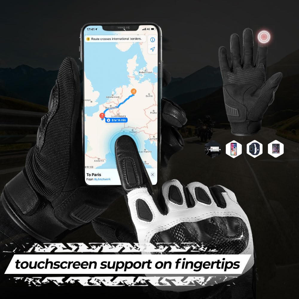 WTACTFUL Carbon Knuckle Motorcycle Gloves for Men and Women Full Finger Touchscreen Motorbike Gloves for BMX ATV MTB Riding Road Racing Motocross Black L