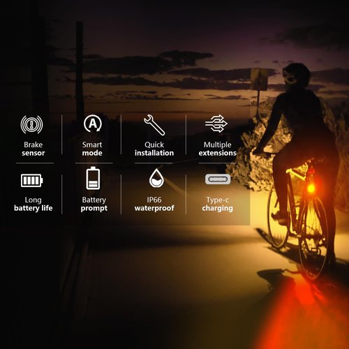 Smart Sensing Bike Taillight, Bicycle Brake Sensing Rear Light, USB Rechargeable IP66 Waterproof, 6 Modes Bright Red LED, Suitable for MTB, Jogging, Kids, Backpacks, and Seniors
