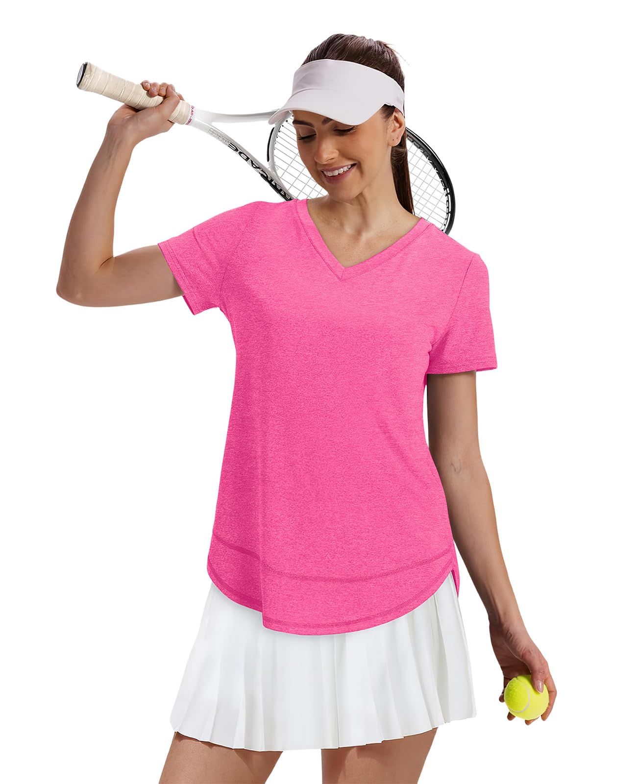 Short Sleeve Shirts for Women Workout Yoga Tops Sun Protection Clothing Summer Outfits Rash Guard Side Slit V Neck Hot Pink XL