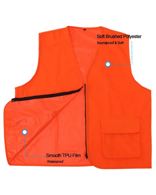 moroinriz Men's Orange Hunting Vest - Quiet Shell Fabric and Waterproof Lining- Zipper - Two Front Pockets (Available in L and XL)