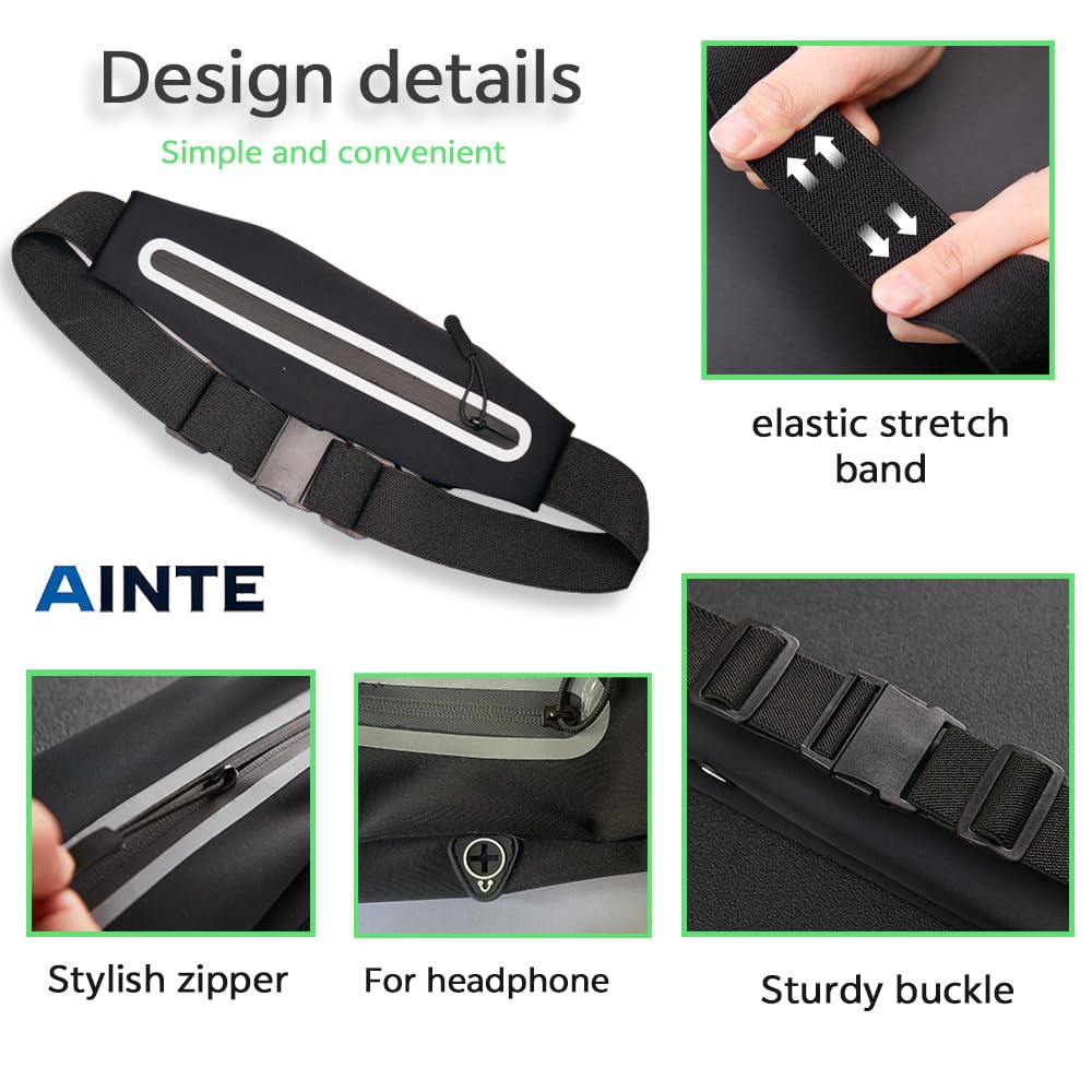 AINTE Slim Running Belt Fanny Pack for Women Men,Running phone holder,Running Waist Pouch bag for Workout Jogging,Money belt,Runner Gear Accessories(Black)