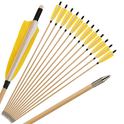 ZSHJGJR 31" Archery Traditional Wooden Arrows Hunting Arrows Target Practice Arrows Wood Arrow Shaft with 5" Turkey Feather for Longbow Recurve Traditional Bow 6/12pcs (Yellow, 12)