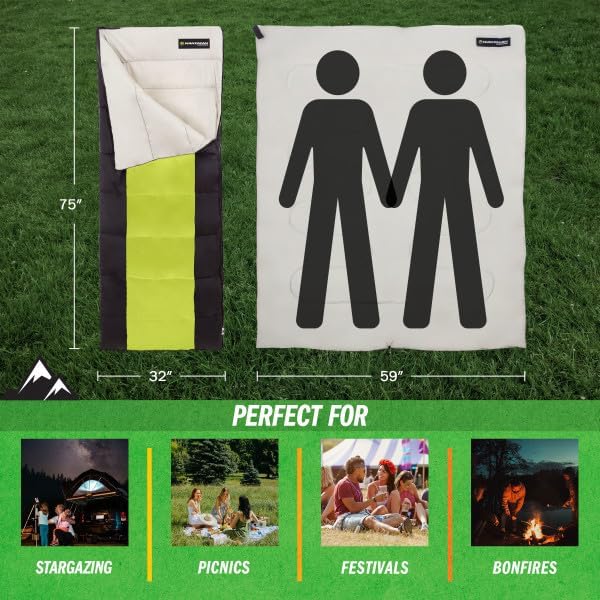 Sleeping Bag - 3 Season Warm and Cool Weather Sleeping Bags for Adults, Teens, and Kids - Lightweight Compact Spring Summer Fall Camping Sleeping Bag - Camping Essentials by Wakeman (Neon Green)