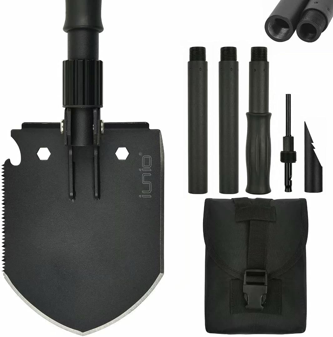 iunio Camping Shovel,Shovel Folding, Portable, Multitool, Foldable Entrenching Tool, Collapsible Spade, for Backpacking, Trenching, Hiking, Survival, Car Emergency