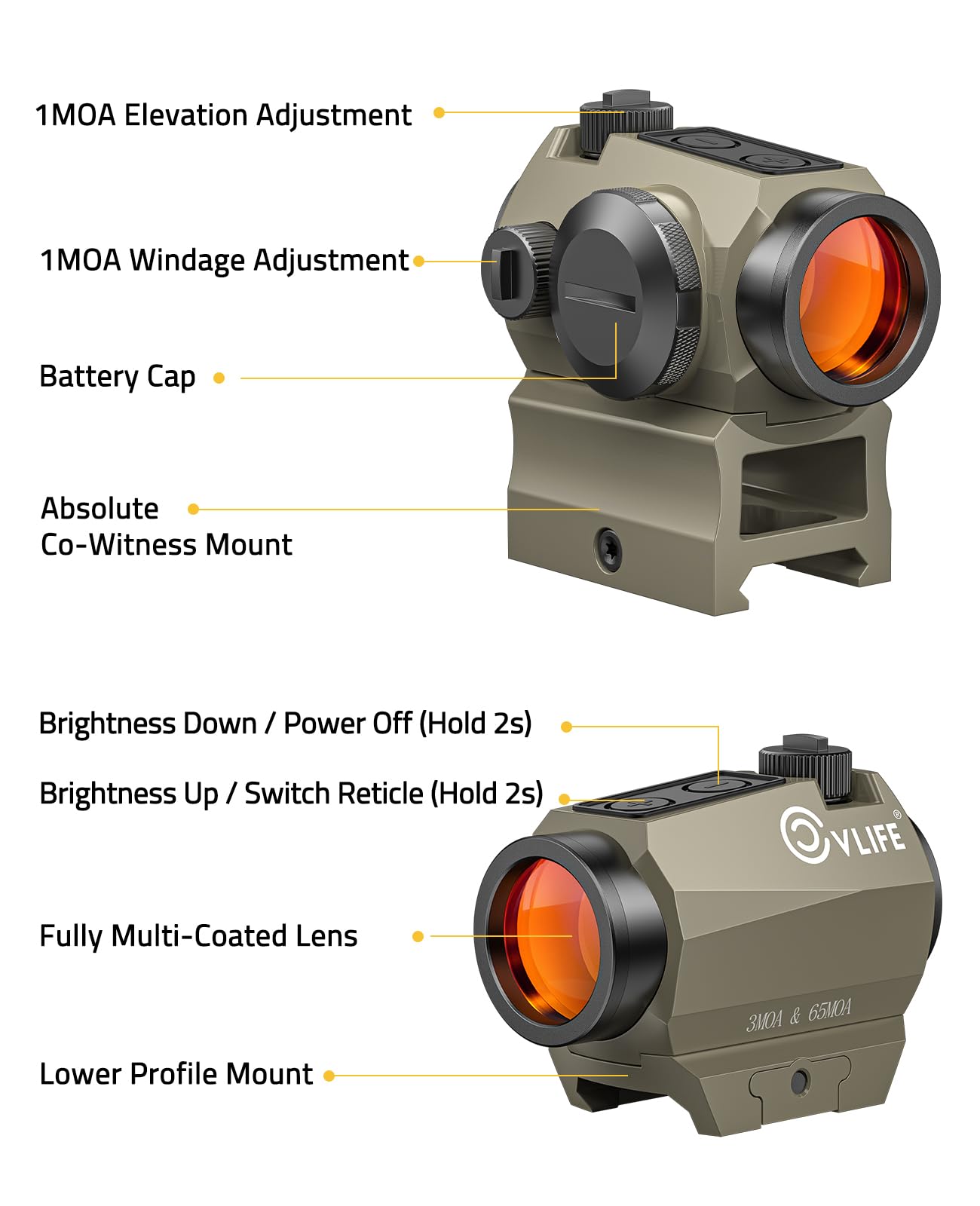 CVLIFE Multiple Reticle 3 MOA Dot & 65 MOA Circle Red Dot Sight, Motion Awake Red Dot, 1x20mm Red Dot Scope Optics with Absolute Co-Witness Riser and Low Mount for Picatinny, Sand