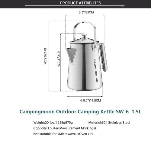 Campingmoon Camping Kettle Camp Tea Kettle Campfire Kettle for Open Fire Stainless Steel outdoor Camping Coffee Tea Pot for Boiling Water 1.5L