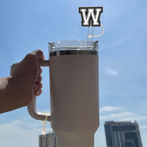 （2+2）2PCS Straw Cover for Stanley Cup 30&40 Oz 10mm Straw Topper with 2PCS Stanley Cup Accessories Letter Charms Name ID Initial Letter Handle Personalized Charm For Stanley Tumbler (Letter P)