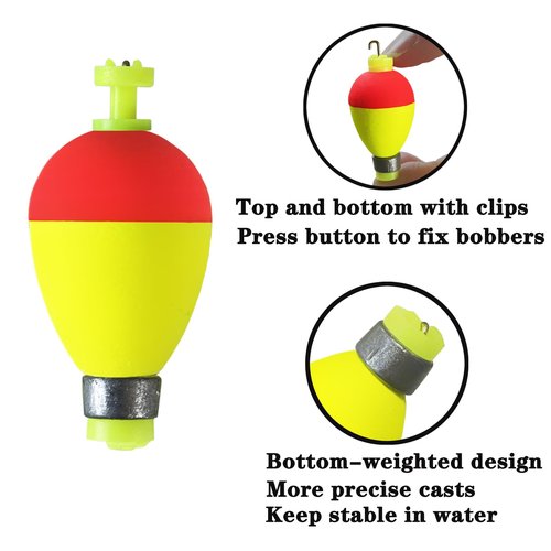 Bombite Fishing Bobbers Floats,10 Packs Weighted Bobbers for Fishing Foam Snap-on Fishing Floats Ball Oval Fishing Corks Bluegill Crappie Panfish Bass Trout Oval-Shape 1.25 in