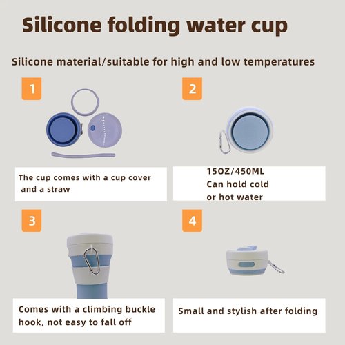 Blue 15OZ/450ML Silicone Foldable Travel Cup Car Coffee Cup Backpack with Lid Hot and Cold Coffee Cups with Straw Leak proof Reusable Suitable for Travel Camping Hiking Work Portable Coffee Cups