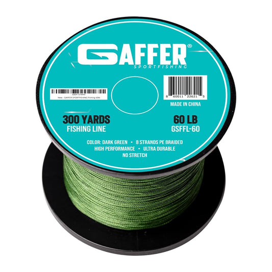 Gaffer Sportfishing 8-Strand Braided Fishing Line | Ultra-Strong, Smooth & Durable with Proprietary Weaving Tech & Thin Coating for Saltwater | Not Stretch | 60LB Test Line (300 Yards) - Dark Green