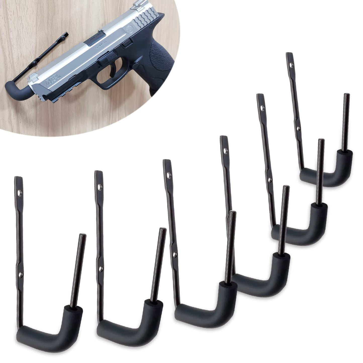 StrongTools Handgun Hanger, Wall Mount Pistol Rack Suitable for Desk or Wardrobe, Pistol Organizer for Displays and Cabinet (6 Packs for 6 Guns)
