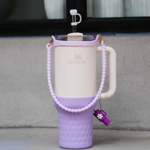 High Silicone Boot for Stanley 40oz Tumbler Accessories, Protective Water Bottle Bottom, Compatible with Stanley Quencher 40oz Only, 1PC Water Bottle Handle, 3PCS Straw Cover Caps (Purple)