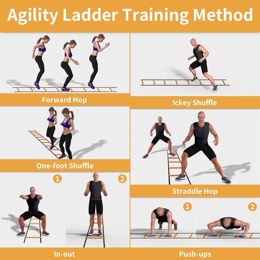 YISSVIC Agility Ladder and Cones 20 Feet 12 Adjustable Rungs Fitness Speed Training Equipment,1 Carry Bags, 10 Cones, 4 Stakes, Basketball, Soccer