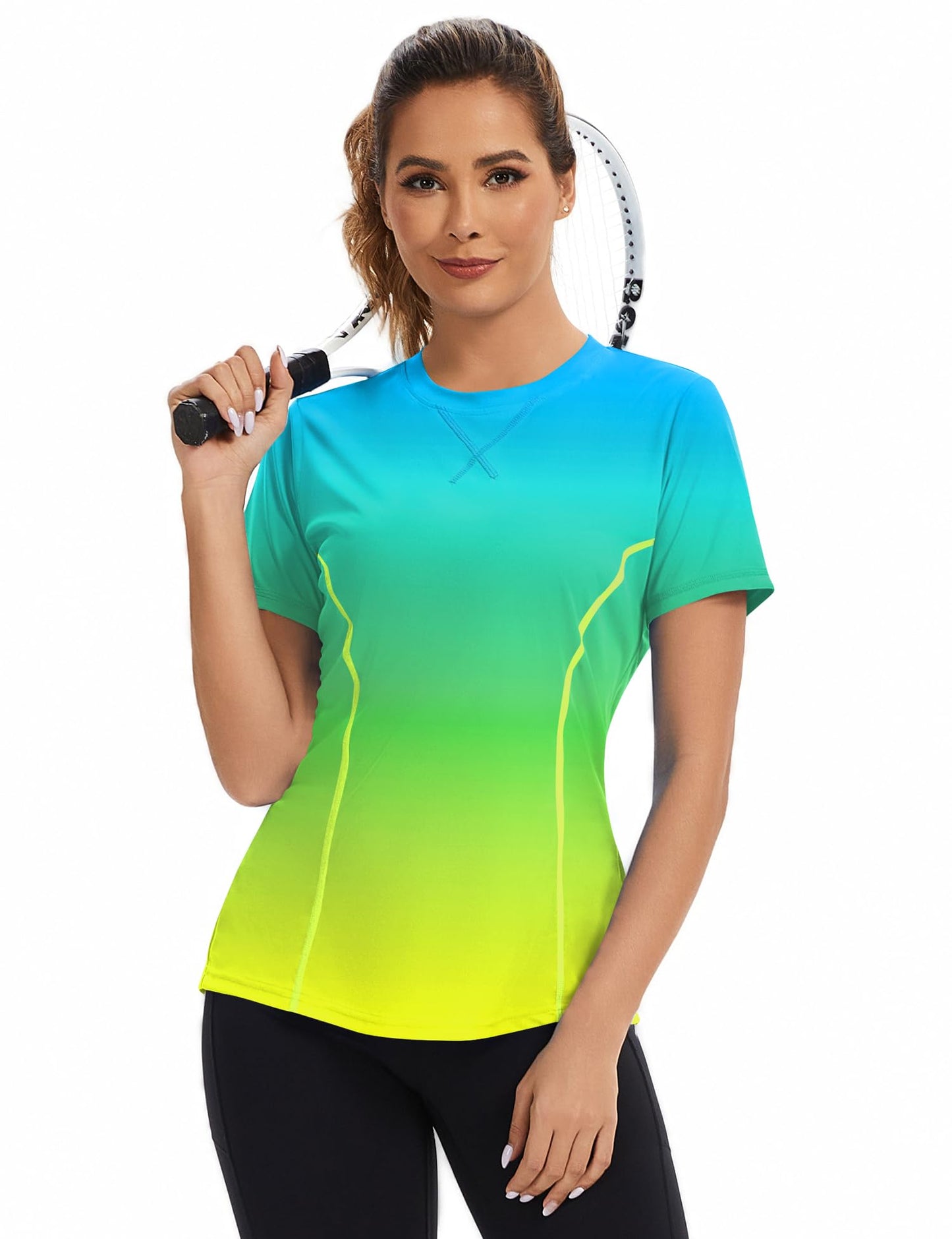 Avoogue Women's Activewear Short Sleeve UV Shirts Moisture Wicking Loose Workout Running Gym Tops Outfits Rashguard(Blue Gradient Yellow,L)