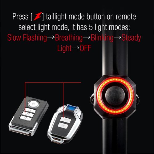 Bike Burglar Alarm with Tail Light, Anti Theft Vibration Triggered Sensing Siren Waterproof Smart Auto Brake Sensing Tail Lamp with Remote, USB Charger Rear Light
