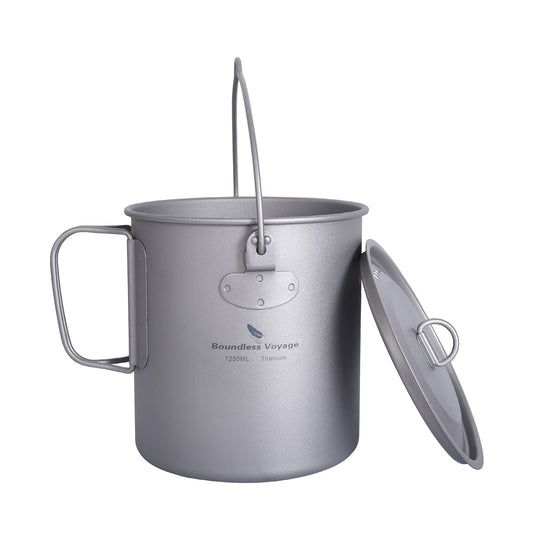 iBasingo 1250ml Titanium Hanging Mug with Lid Tea Coffee Water Cup Outdoor Camping Pot Ultra-light Portable Hiking Backpacking Cooking Kit Picnic Tableware Drinkware with Foldable Handle Ti3042D