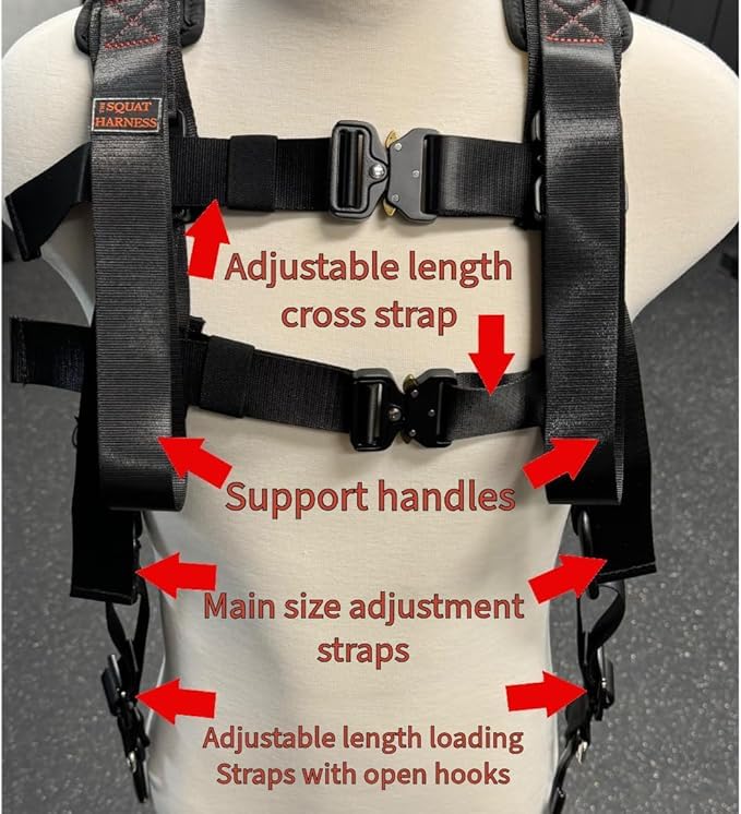 RR GET RIPPED! BY ROSENBLATT Squat Harness Premium Adjustable V3. squat deadlift lunge calf raise nordic knees over toes mobility quads glutes hamstrings calves (Black)