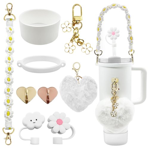 Stanley Tumbler Cup Accessories Set - 20oz, 30oz, 40oz With Silicone Straw Cover, Water Bottle Handle Strap, Charms, Silicone Cup Boot (White)