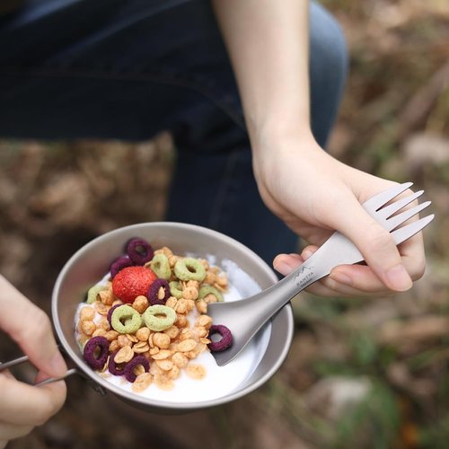 SANTTA 2-in-1 Lightweight Titanium Travel Spork with Carry Bag, Spoon Fork Combo Utensil for Hiking, Backpacking, Camping and Traveling