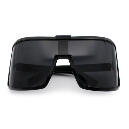 Fancy Large Oversized Curved Panel Monoblock Shield Sport Plastic Sunglasses All Black