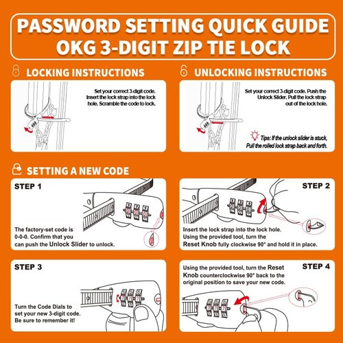 OKG 3-Digit Combination Adjustable Zip Tie Bike Lock - Anti-Scratch Stainless Steel Cable Lock with Resettable Code, Secure Bikes, Helmets, Skis, Prams, Cabinet, French Doors, and More 2 Pack (Black)