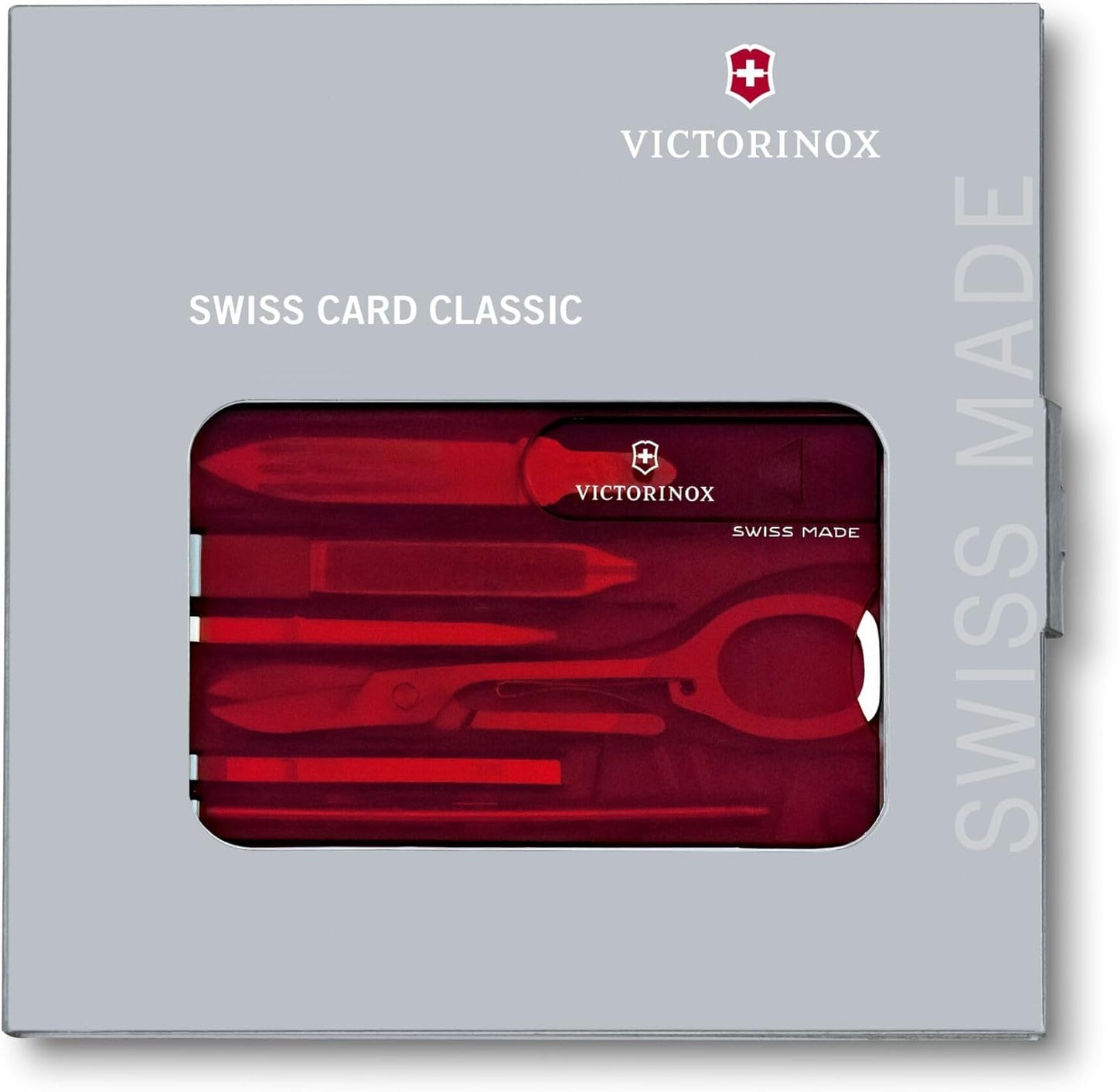 Victorinox Swiss Card Classic Swiss Army Knife, 10 Functions, Swiss Made Pocket Knife with Scissors and Pressurized Ballpoint Pen - Ruby