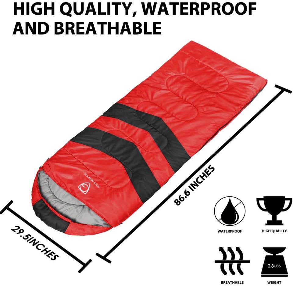 Gold Armour Sleeping Bags for Adults Cold Weather & Warm - Backpacking Camping Sleeping Bag for Kids 10-12, Girls, Boys - Lightweight Compact Camping Essentials Gear Accessories, Left Zipper