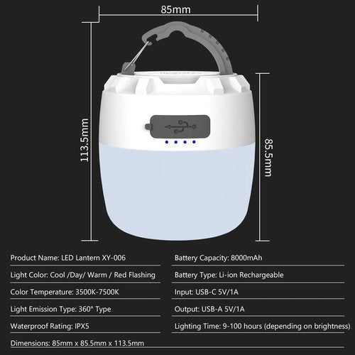 LED Camping Lantern Rechargeable, 8000mAh Power Bank, 4 Light Modes, Dimmable Camping Lights, Waterproof, 16H Runtime, Memory Function, Emergency Light for Power Outages, Hurricane, Camping, Home Use