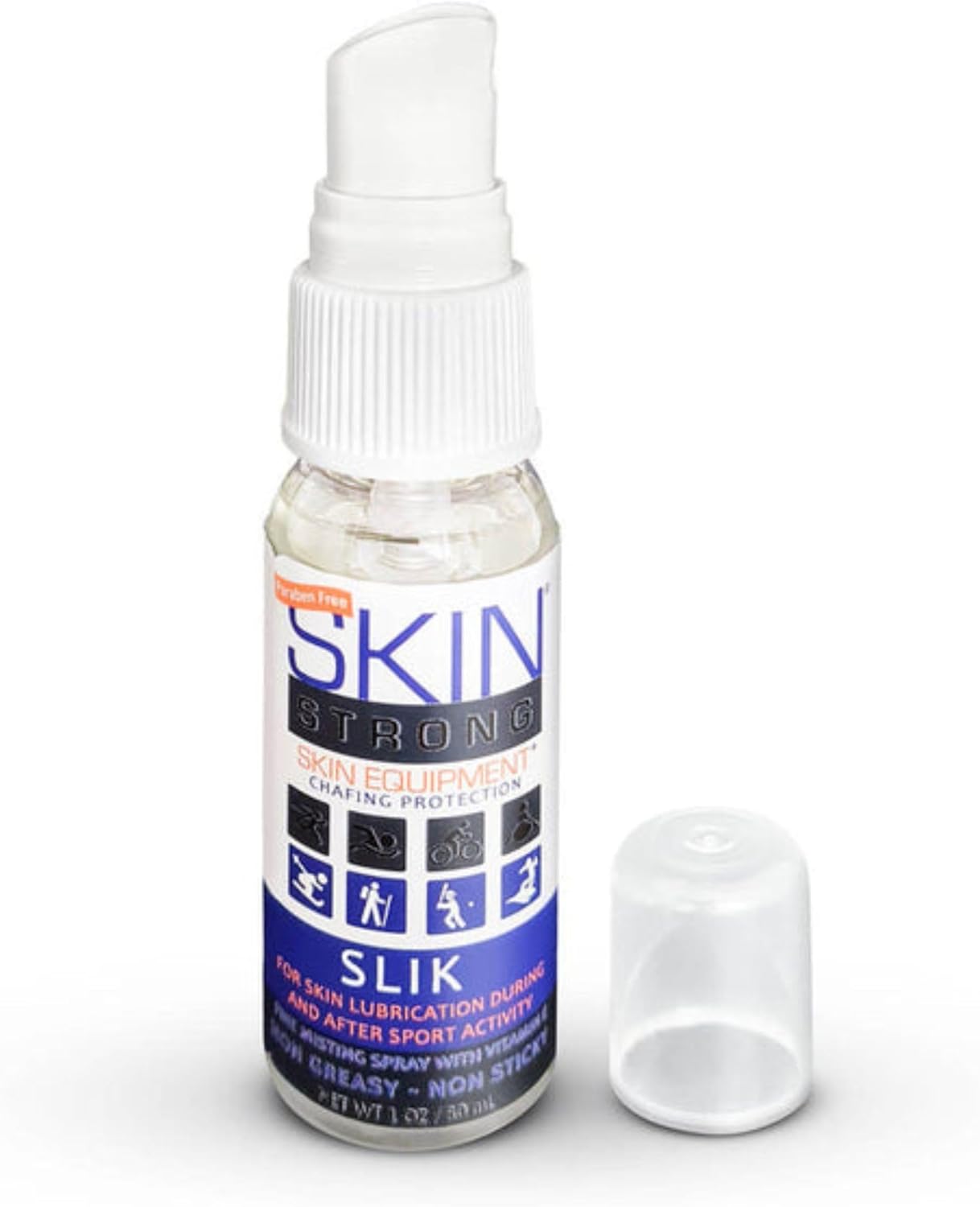 Skin Strong Slik Anti-Friction and Anti-Chafe Spray. Eliminates Chafing and Defends Against Friction. Quick Spray Application for Feet, Thighs, Bras, and Wetsuits. Non-Greasy and Non-Staining.