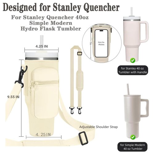 Water Bottle Holder With Strap For Stanley 40 Oz Tumbler,Stanley Cup Holder With Strap With Phone Pocket,Stanley Cup Carrier With 4 Pack Silicone Cowboy Hat Straw Cover,Tumbler Stanley Cup Accessories