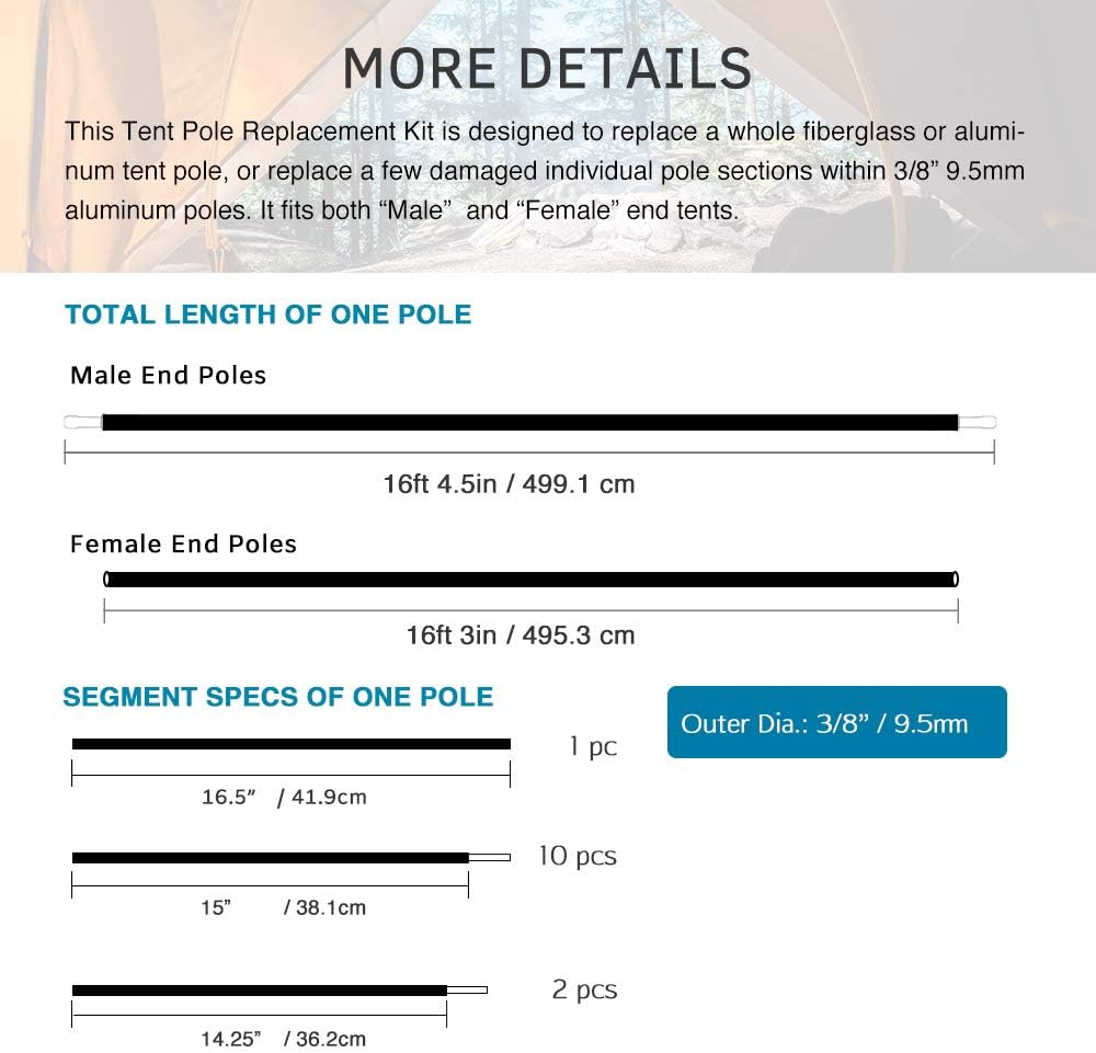 Aluminum Tent Poles Replacement, Fits Both Female and Male Ends, Lightweight Tent Pole Repair Kit, 7001 Aluminum Alloy T6 Heated
