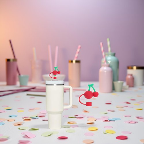Cherry Straw Cover for Stanley 40&30 Oz Cup, 10mm Silicone Straw Covers Cap for Stanley Cup Accessories, Cute Topper for Tumblers, Cap Stopper for Reusable Tip Lids