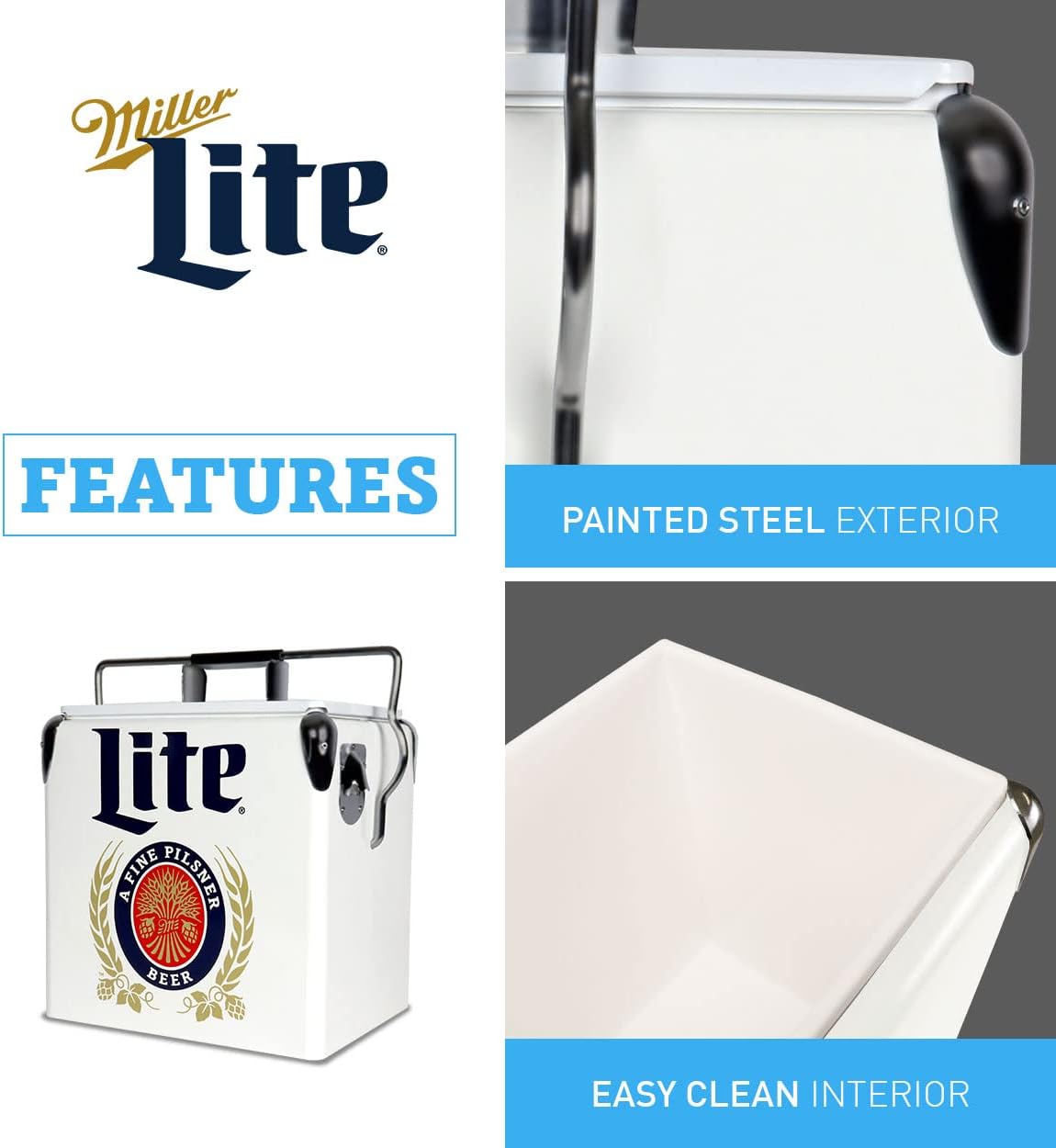 Miller Light Retro Ice Chest Cooler - Portable Ice Bucket with Bottle Opener, Vintage Style, Insulated for Camping, Beach, Picnic, RV, BBQs, Tailgating, Fishing, 18 Can Ice Box, 13L (14 qt)