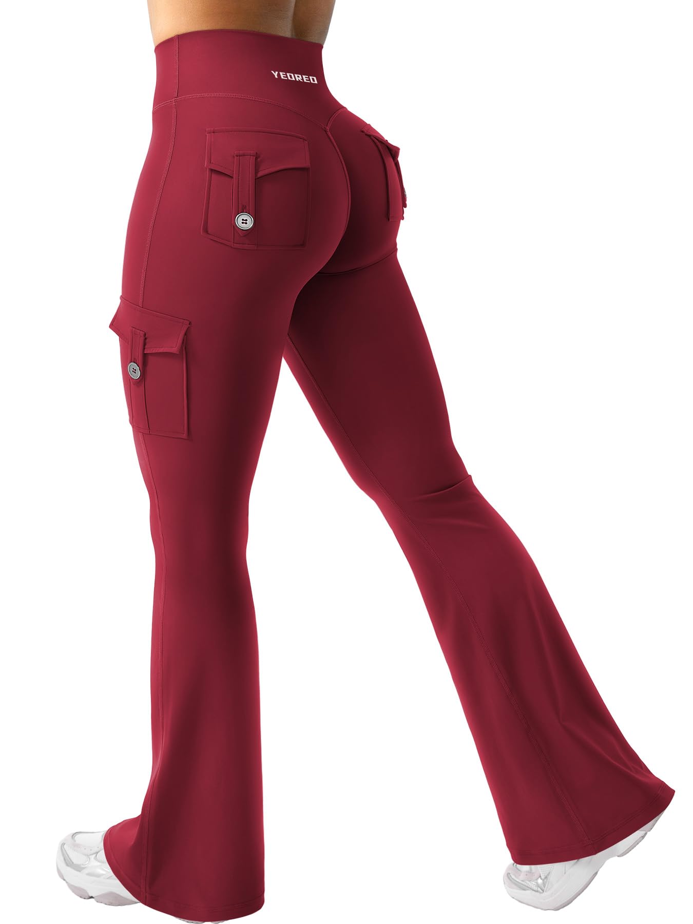 YEOREO CoreFlex Women Workout Flare Leggings with Pockets Hidden Scrunch Cargo Gym Yoga No Front Seam Leggings Wine S