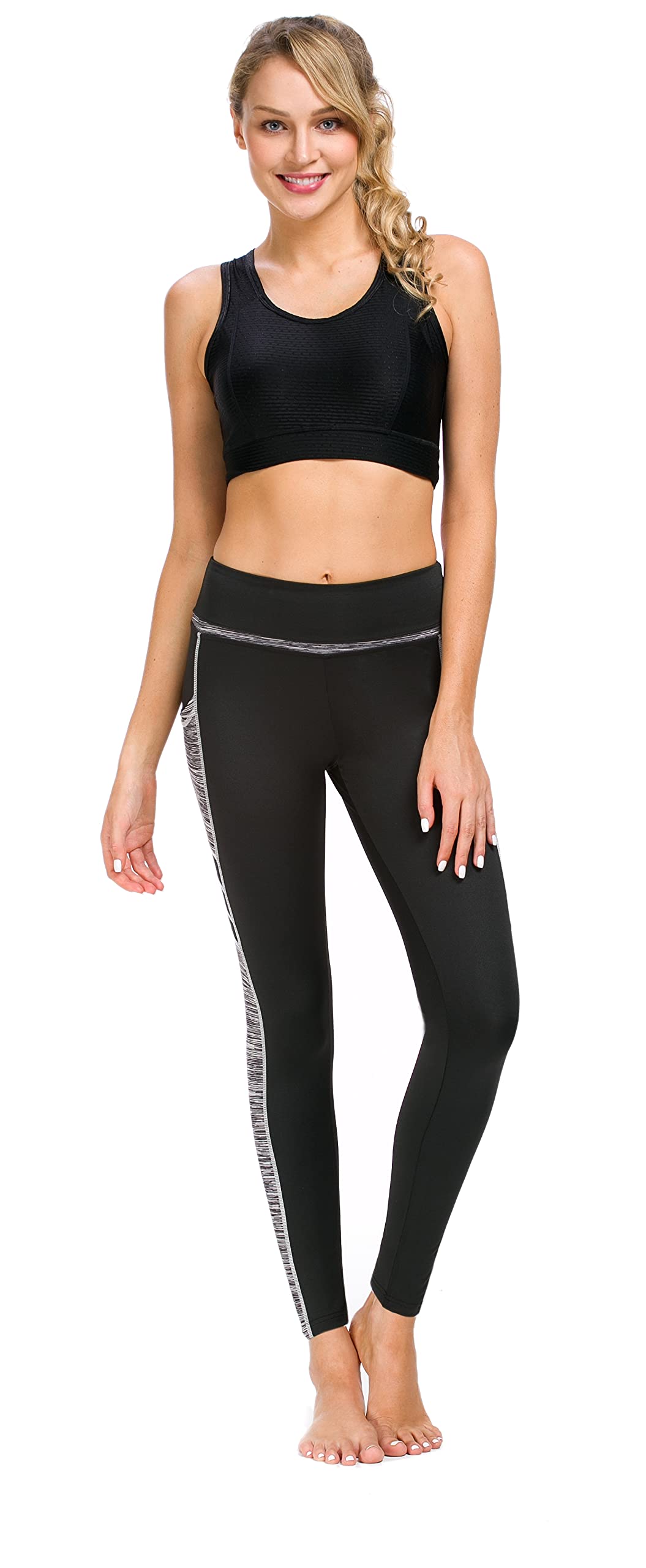 Sugar Pocket Women's High Waist Yoga Leggings Tummy Control Workout Running Pants with Side Pockets LS(Black/Grey)