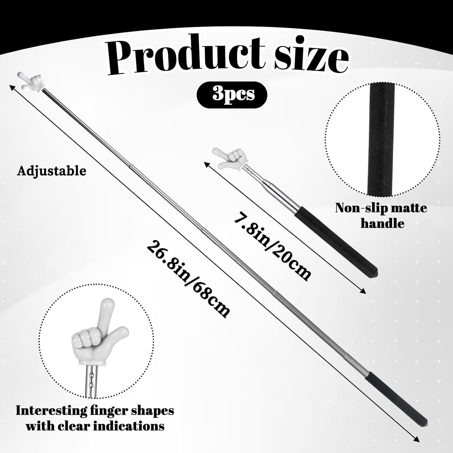Telescopic Teachers Pointer - 3 Pcs Extendable Hand Pointer Stick, Mini Classroom Finger Pointers Stick for Elementary School Kindergarten and Teacher Supplies Interactive Learning
