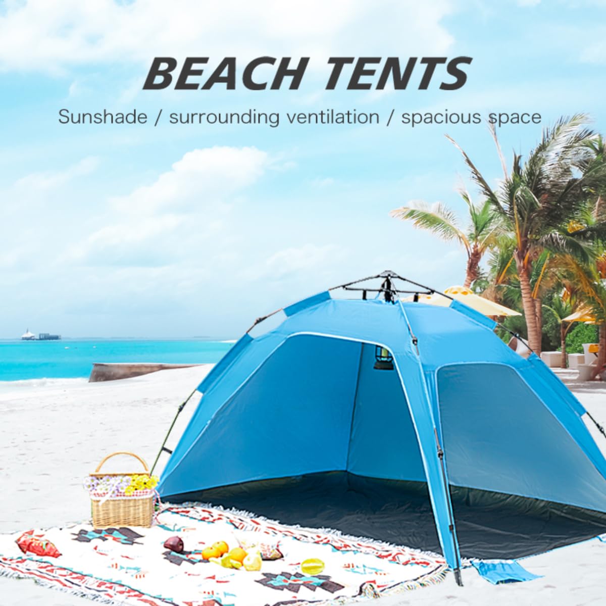 Generic Two person beach tent sunshade, beach sunshade UV resistant, easy to install and lightweight portable cabin tent, suitable for infants, young Children, adults, Medium, blue