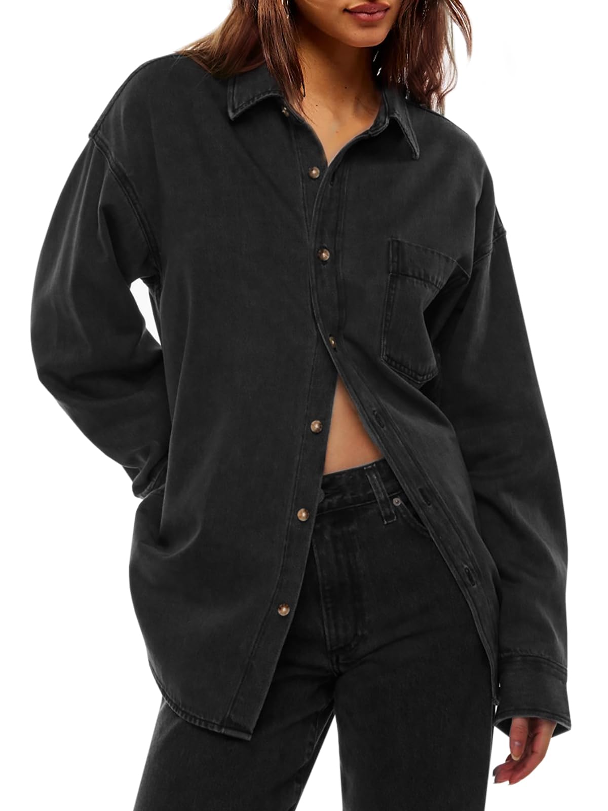 Cicy Bell Womens Oversized Denim Shirt Jean Jacket Button Down Shirts Long Sleeve Tops Trendy Shackets 2026 Spring Fashion Outfits Clothes Black