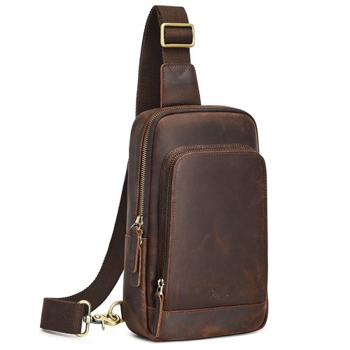 S-ZONE Sling Bag for Men Women RFID Blocking Top Grain Leather Crossbody Shoulder Bag Chest Hiking Daypack Travel