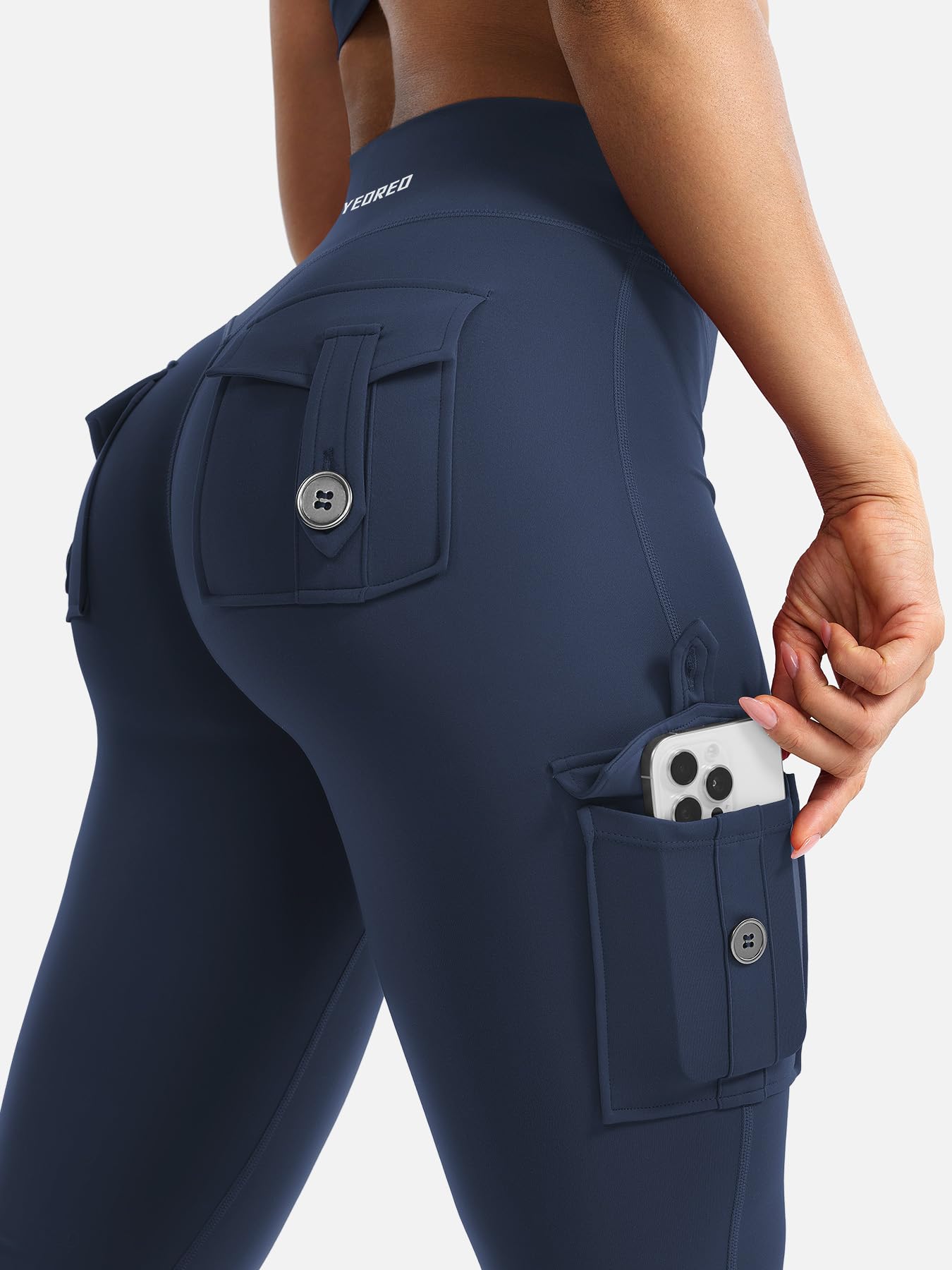 YEOREO CoreFlex Women Workout Flare Leggings with Pockets Hidden Scrunch High Waisted Cargo Gym Yoga No Front Seam Leggings Blue Navy XS