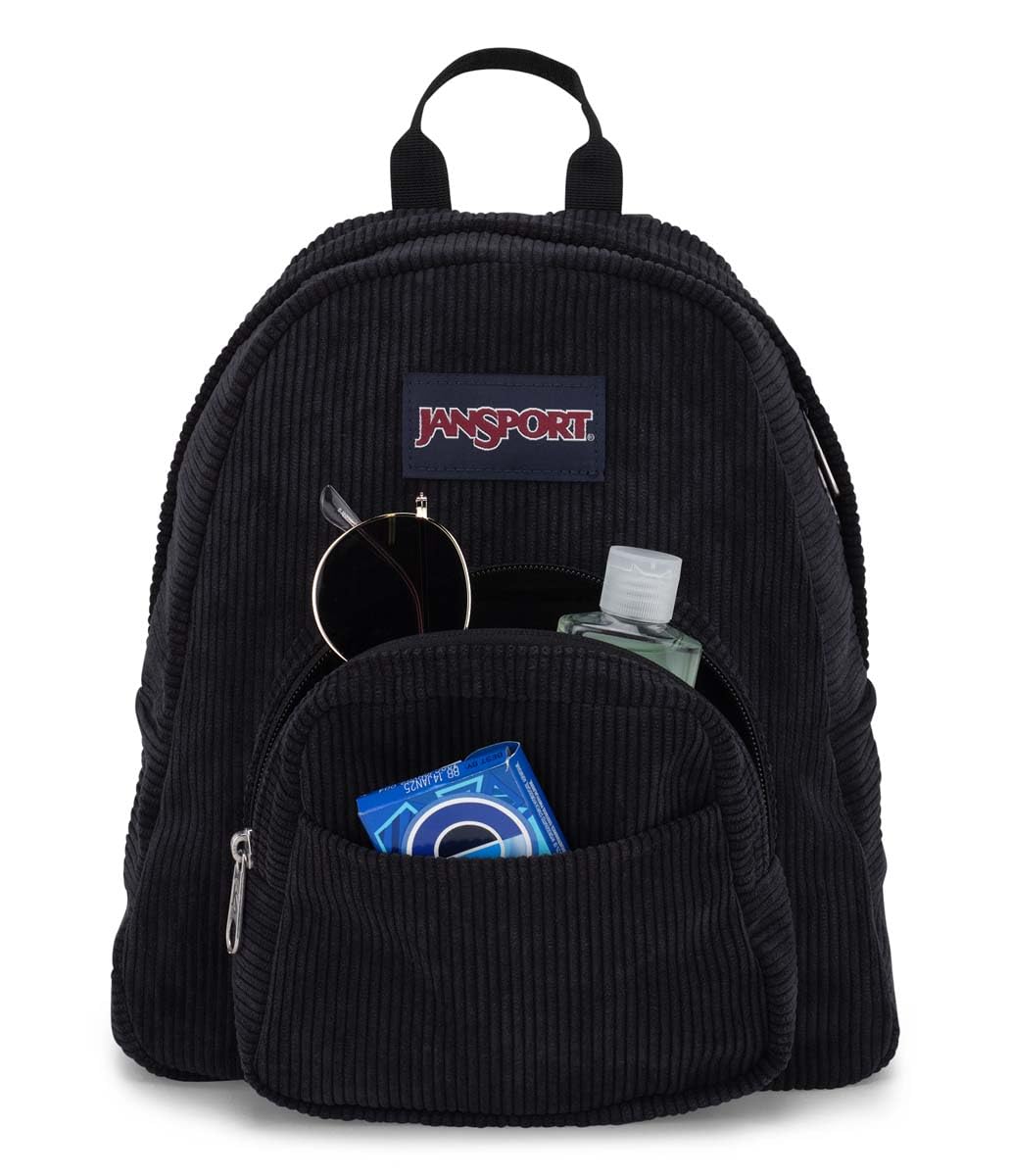 JanSport Half Pint FX Mini Backpack – One Main Compartment, Front Zippered Stash Pocket, Adjustable Webbing Shoulder Straps, Web Haul Handle - Black Corduroy