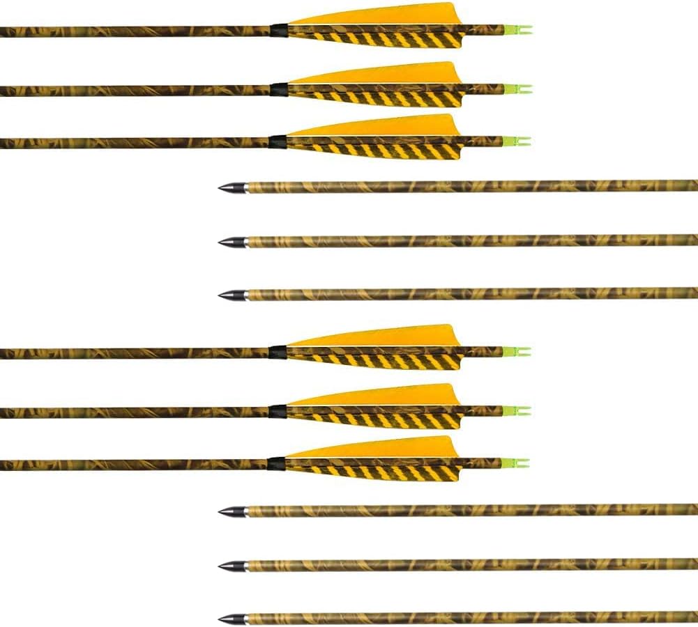 31Inch Carbon Arrow, Practice Hunting Arrows, Camo Turkey Feather Fletching, Arrows for Compound & Recurve Bow with Removable Tips Adjustable Nocks